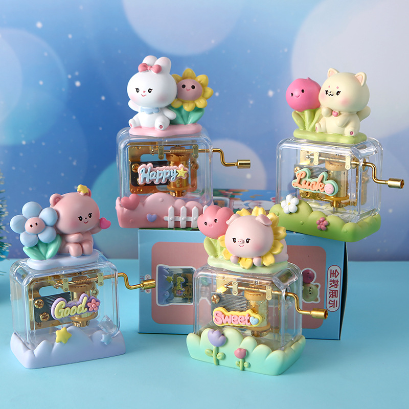 卡通萌宠音乐盒桌面装饰创意可爱手摇八音盒摆件生日礼物节日礼品