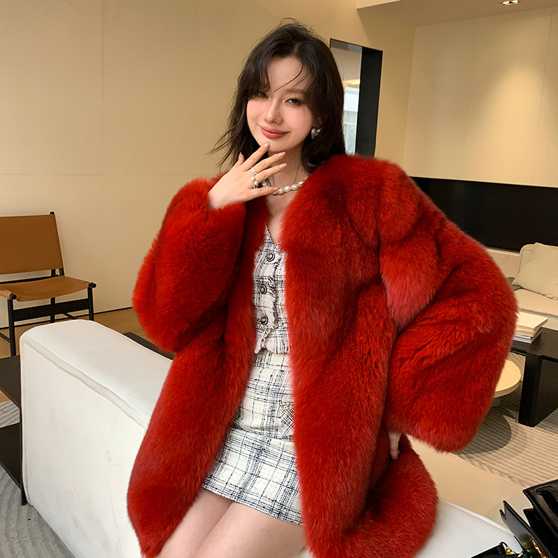 整皮皮草狐狸毛外套女中长款时尚百搭 新年圣诞酒红毛毛大衣秋冬