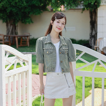 韩版钉珠牛仔薄外套女夏2023新款小香风短袖上衣小个子夹克衬衫女