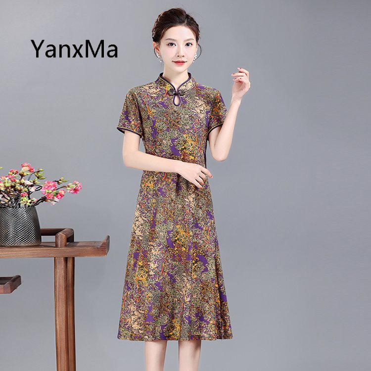 2023 Summer New Dress Large Swing Dress Middle-Aged and Elderly Women's Clothing Mother's Short Sleeve Floral Improved Cheongsam Dress