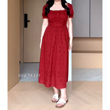 韩系减龄甜美红色裙子女大码微胖mm藏肉显瘦气质方领泡泡袖连衣裙