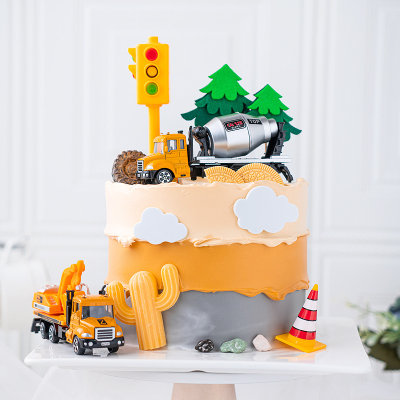 工程车蛋糕装饰摆件挖土机挖掘机自卸车交通路牌男孩生日蛋糕装扮