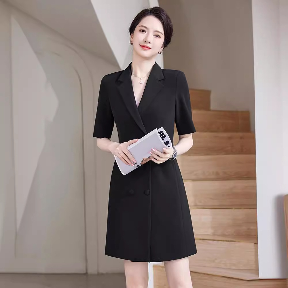 黑色西装连衣裙女2024夏季薄款新款职业装气质女神范工装裙子女