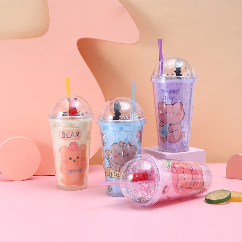 Creative Ice Crushing Bear Plastic Water Cup Portable Anti-Fall Summer Ice Glass Cartoon Double Plastic Straw Cup Wholesale