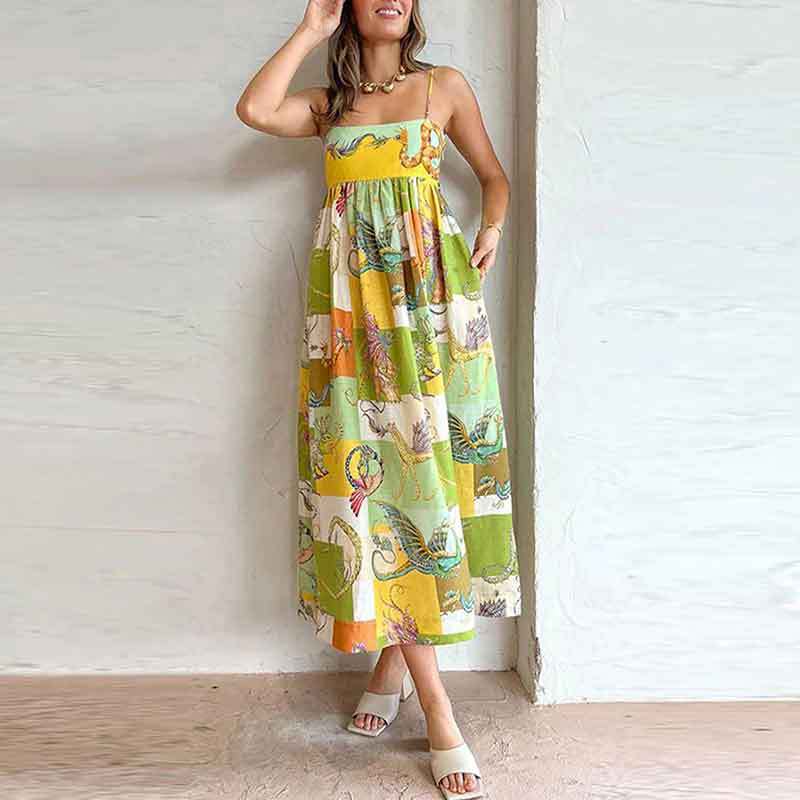 欧美外贸夏季女装跨境亚马逊欧趋势抹胸裙个性印花褶皱吊带连衣裙
