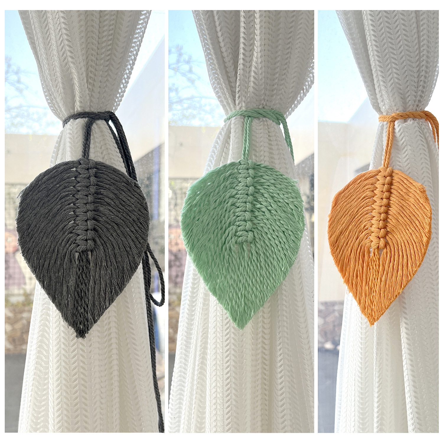 跨境热销 波西米亚编织流苏窗帘扣 ins手工树叶窗帘绑带简约绑绳