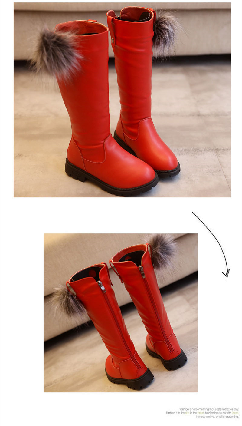 女童冬季长靴软面皮后拉链儿童靴子侧毛球公主靴学生鞋高筒靴子潮