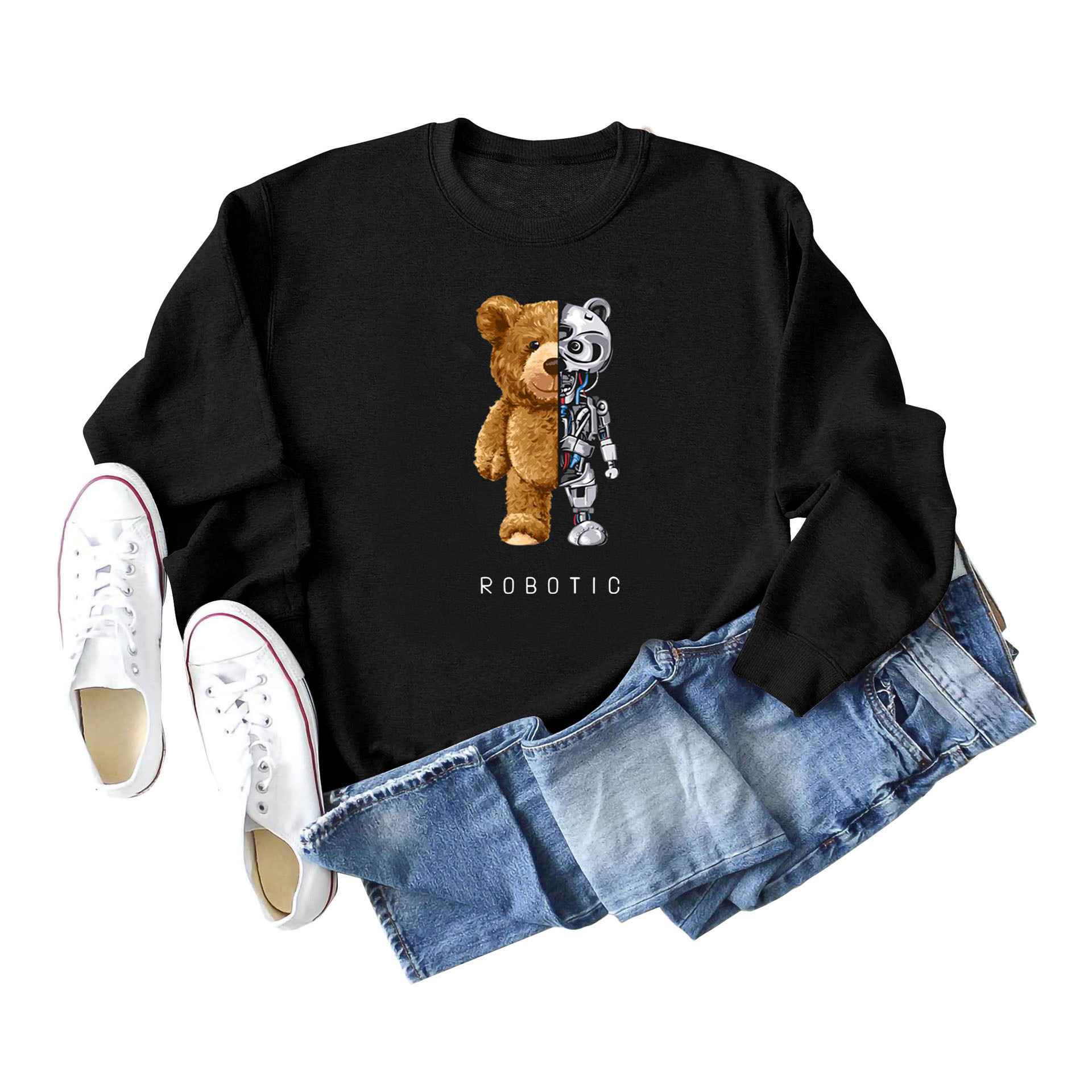 欧美大码秋冬新款圆领卫衣潮牌 机器人泰迪熊趣味印花 跨境独立站