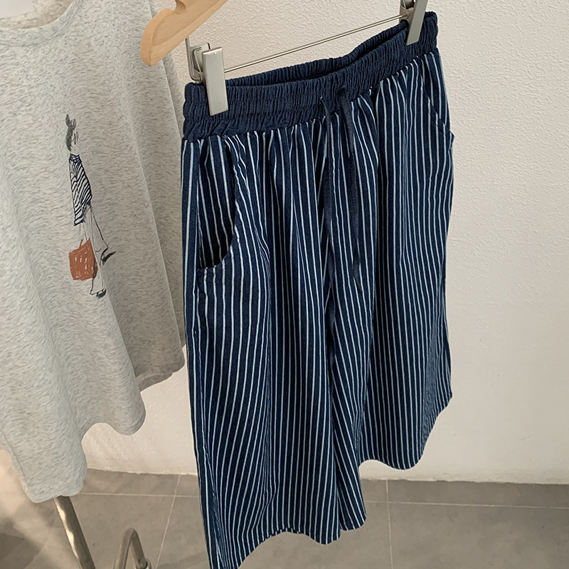 欧玛莱 条纹牛仔裤女夏季薄款七分裤裙裤直筒宽松阔腿裤实拍3331