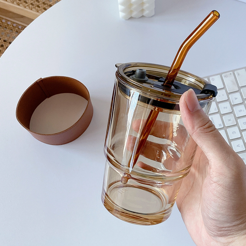 Glass Good-looking Glass Cup with Straw Large Capacity Cup with Lid Milky Tea Cup Student Drinking Cup