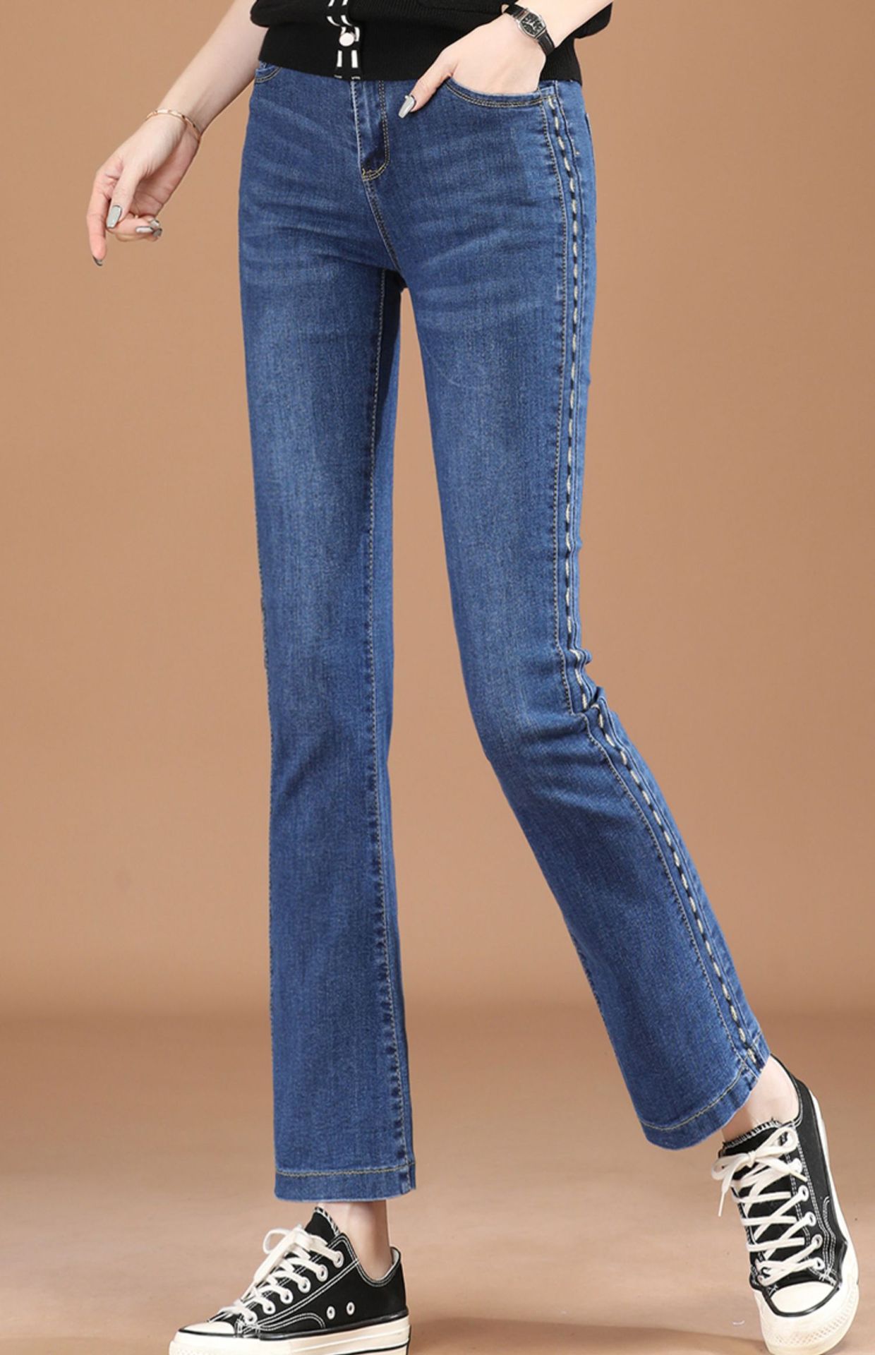 高腰刺绣微喇叭牛仔裤女2022年春装新款韩版显瘦休闲长裤子pt0239