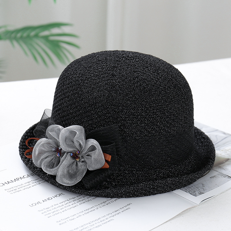 2023 Summer New Style Flanging Small round Hat Korean Style Casual Beach Sun Hat Temperament Straw Hat Ribbon Flower Bowler Hat