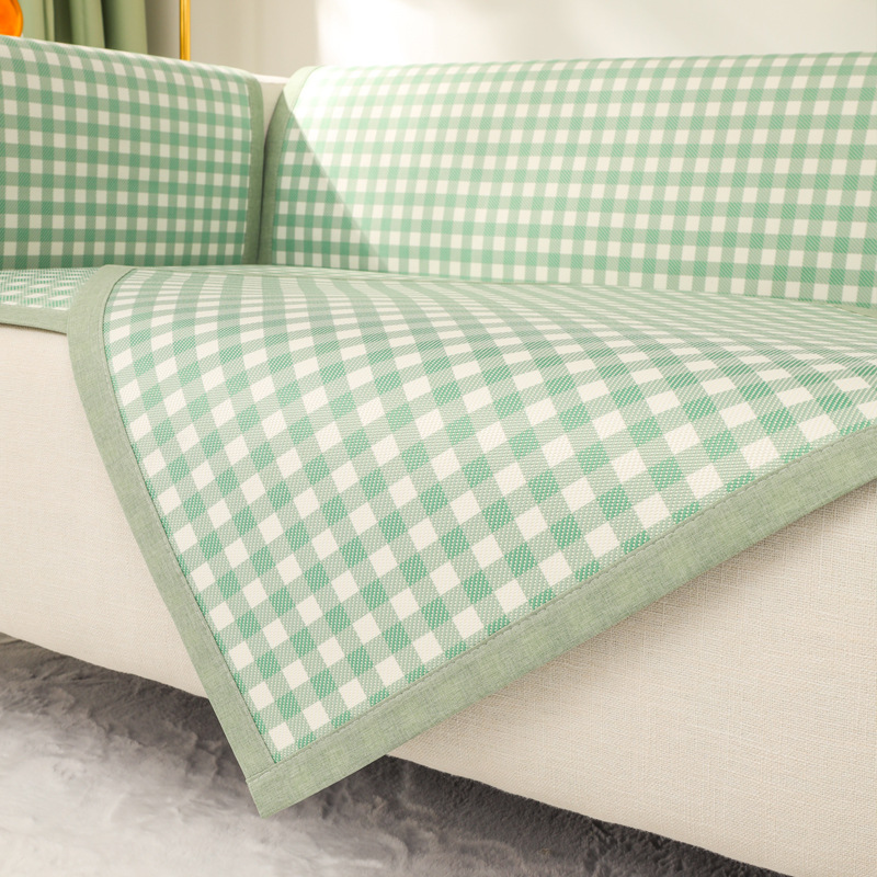 Fresh Plaid Summer Ice Silk Rattan Sofa Seat Cushion for Summer 2023 Summer New Universal Non-Slip Cover Cloth Wholesale