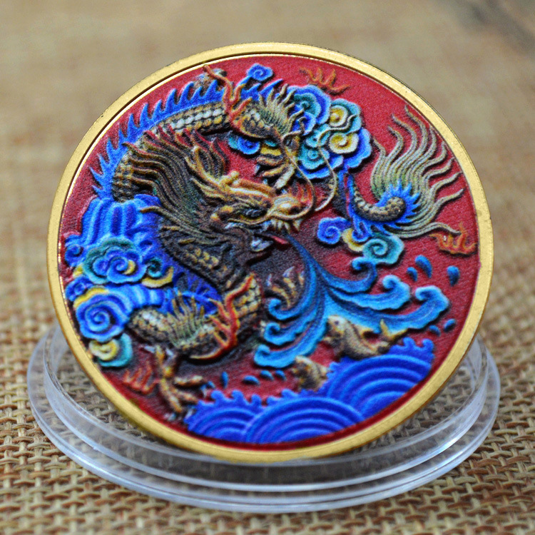 中国风七彩祥龙立体浮雕金属工艺品电镀金镀银纪念章彩印收藏币