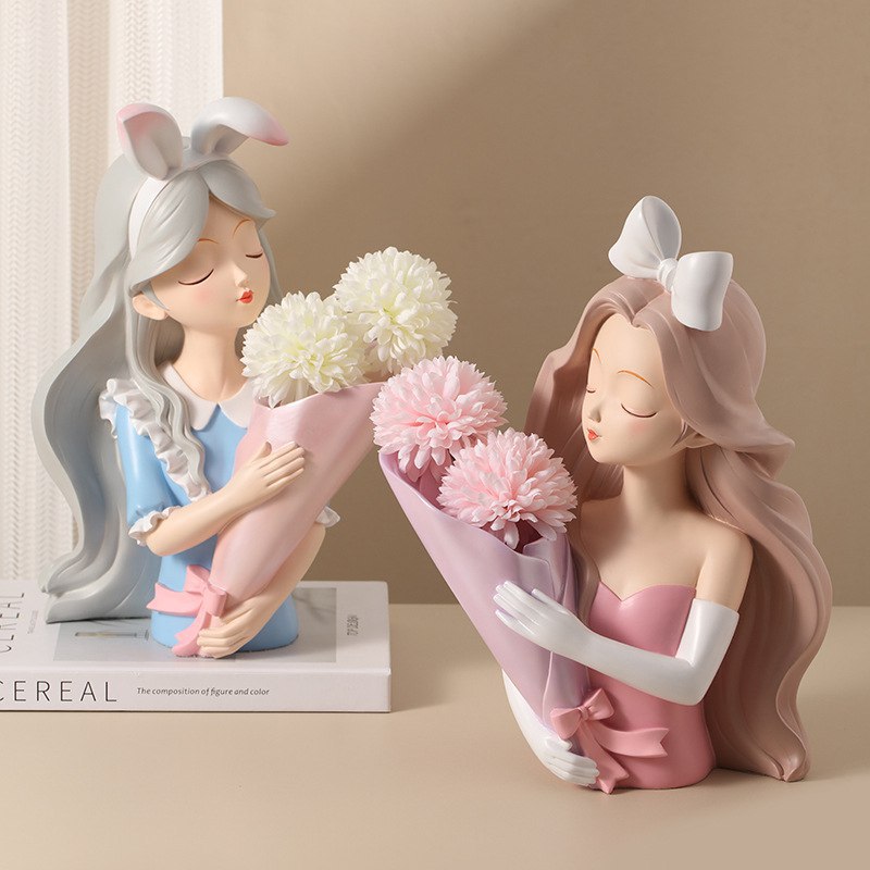 北欧捧花女孩艺术花瓶摆件创意客厅餐桌玄关电视柜家居插花装饰品