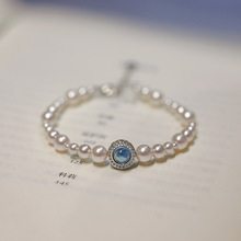 微锆石镶钻海蓝宝圆牌珍珠手链小众设计简约气质轻奢法式女