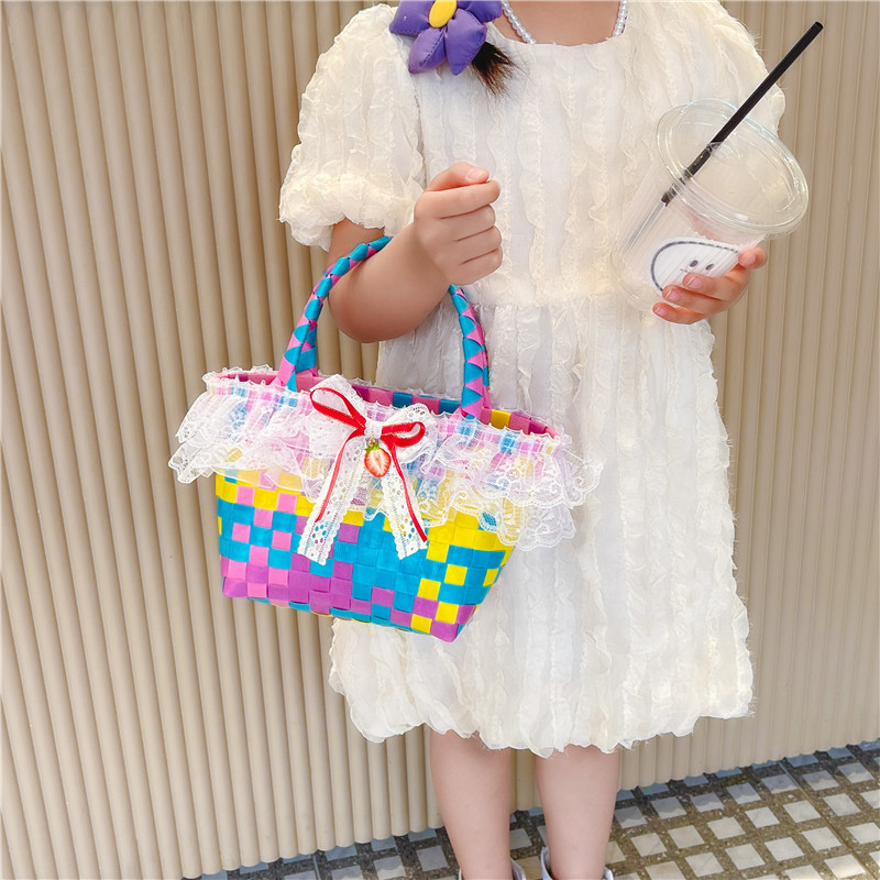 Children's Bags 2023 Summer Lace Bow Girls Shopping Basket Bag Fashionable Princess Woven Handbag Modeling Bag