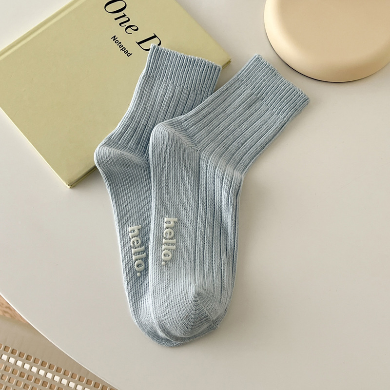 Spring New Fine-Combed Cotton Socks Women's Double Needle Hot Stamping Letters Women's Socks Macaron Japanese Socks Mid-Calf Non-Slip Socks