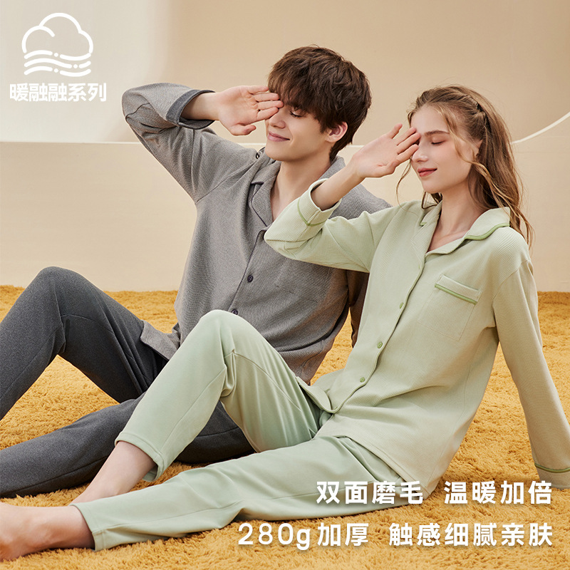 couple‘s home wear autumn and winter pajamas g plus thick velvet long-sleeved cardigan trousers couple pajamas men‘s suit