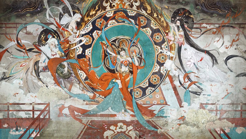 中式手绘复古抽象敦煌飞天人物壁纸客厅电视背景墙纸无缝壁画墙布