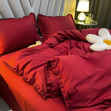 公主风床上四件套床裙款红色花边床单被套单人三件套床上用品批发