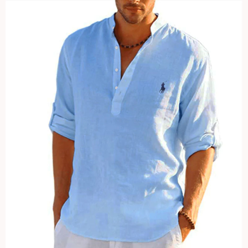 Exclusive for Cross-Border Long Linen Sleeves Embroidered Stand Collar Men's Polo Shirt plus Size