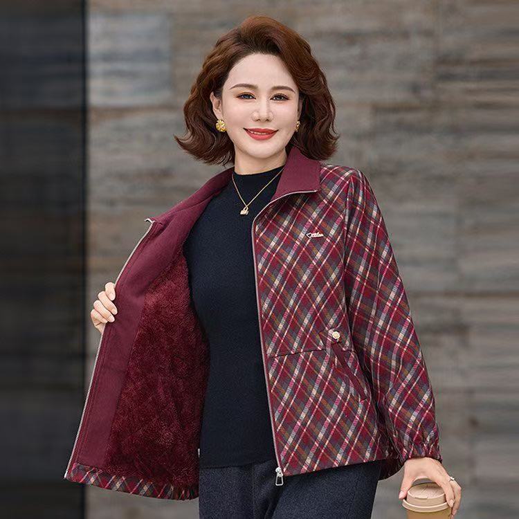 一件代发秋装格子夹克外套中年妇女休闲polo领厚褂子中老年宽松秋