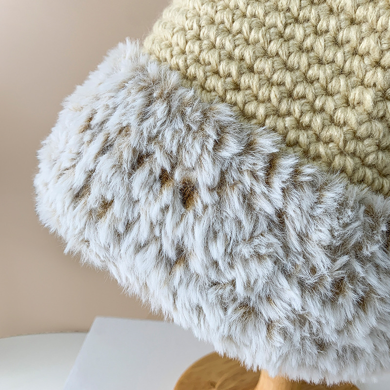 Fall Winter Fashion Sleeve Cap Korean Style Women's Fashion Plush White Japanese Hand Crocheting Woolen Cap Rabbit Fur Warm Fisherman Hat