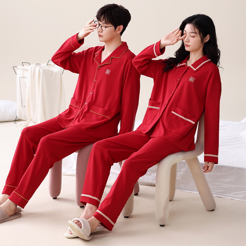 Industrial Big Red Cotton Pajamas Women's Long-Sleeved Spring and Autumn Couple's Wedding Year Pajamas Men's Autumn and Winter Suit