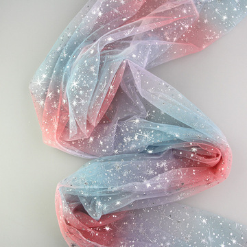 彩虹色渐变银色星光纱 童装网纱裙柔软服装面料 锦纶美国网纱