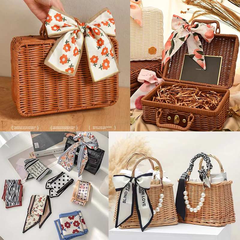 New Long All-Match Silk Scarf Hair Band Bow Gift Box Silk Scarf Tied Bag Hand Gift Silk Scarf Accessories