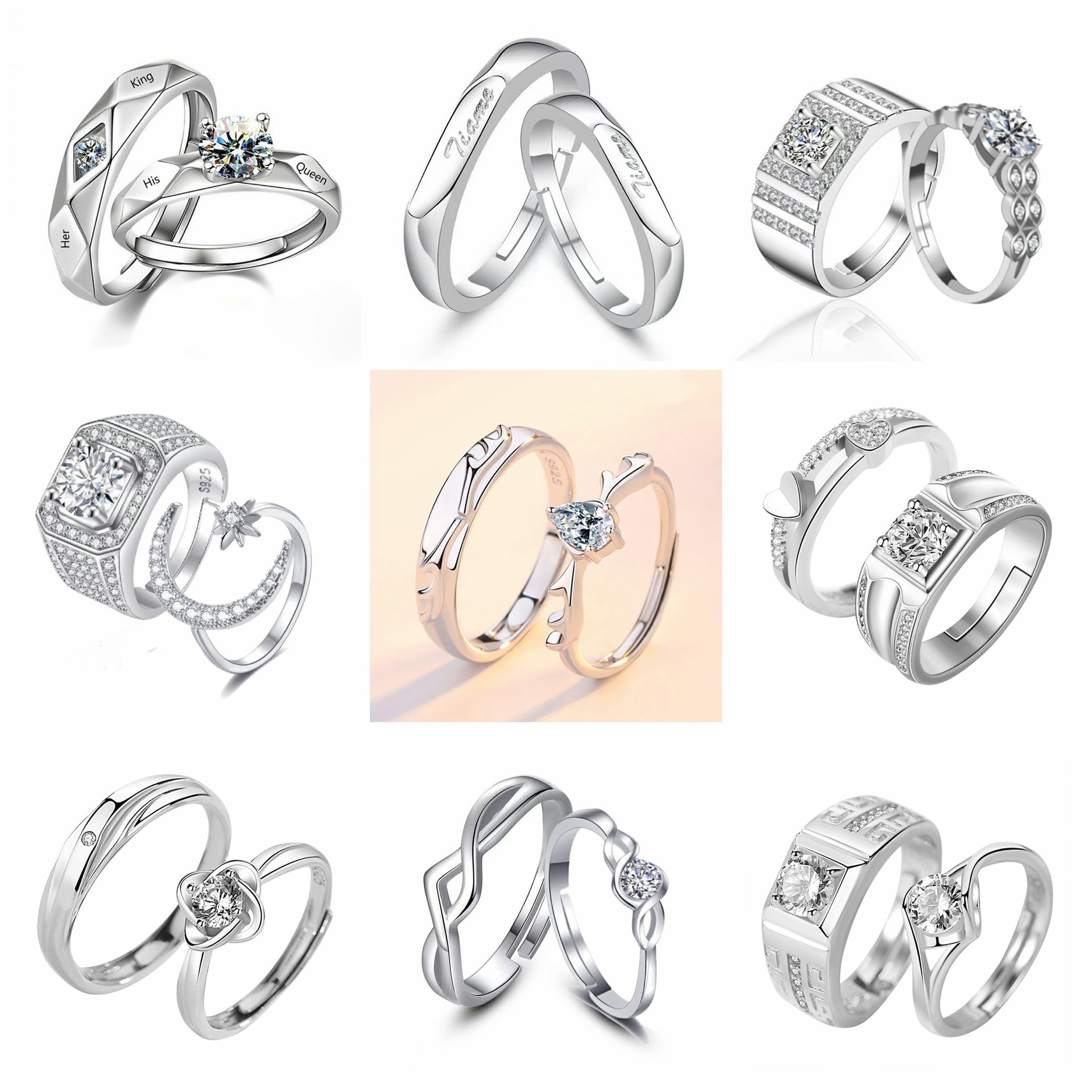 情侣戒指男女对戒外贸货源经典钻戒婚礼道具铜银金锆石莫桑石戒指