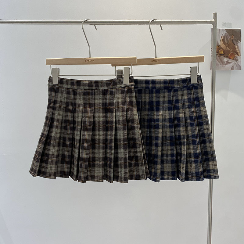 格子半身裙女秋冬格纹jk学院风高腰百褶裙伞裙小个子a字短裙裤裙
