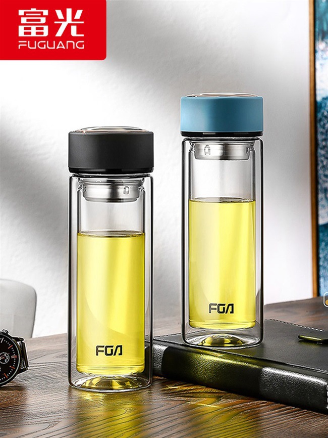 富光双层家用带盖玻璃杯大容量男女学生水杯便携泡茶杯透明杯子