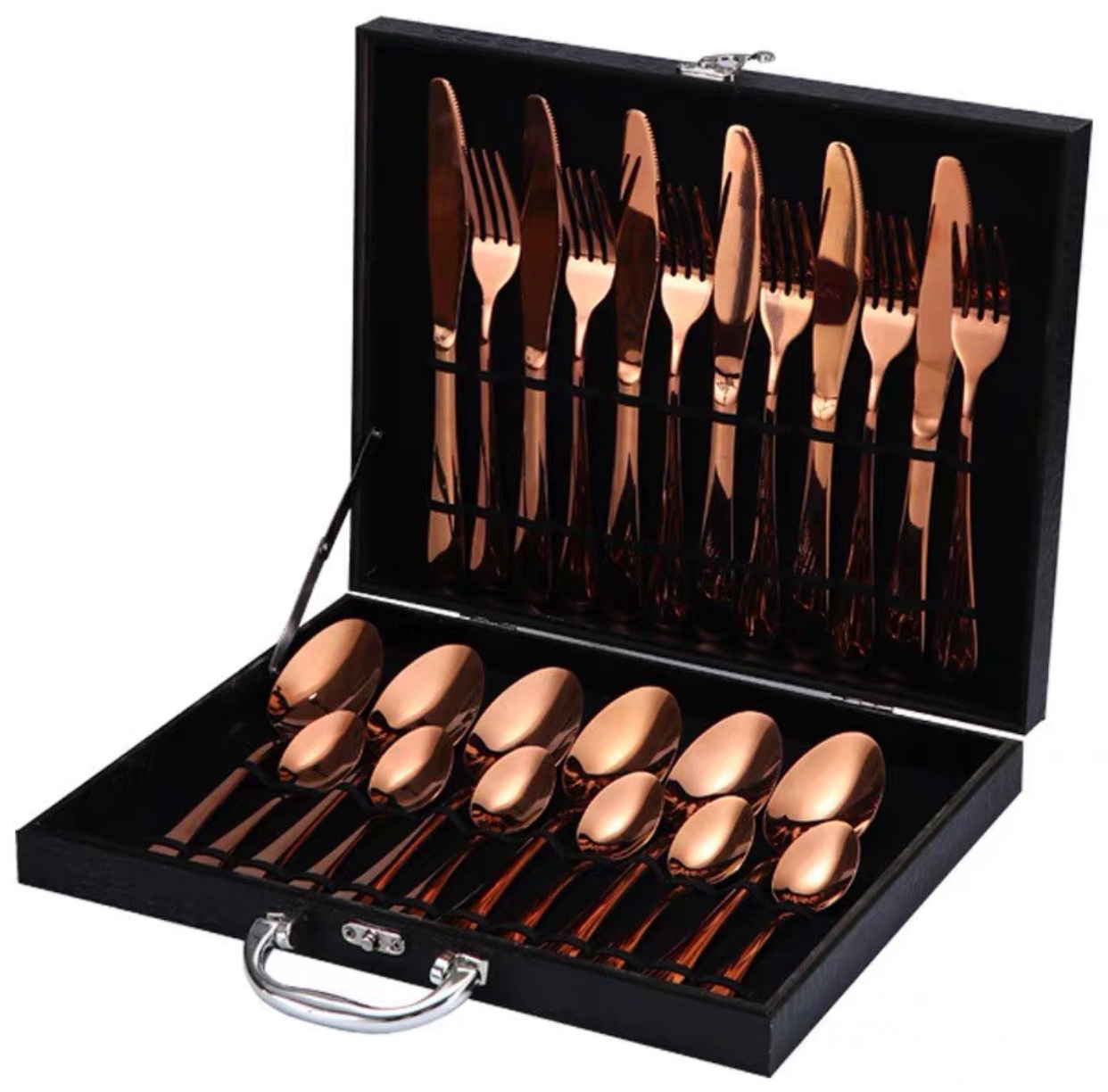 Foreign Trade Cross-Border Knife, Fork and Spoon Tea Spoon 410 Stainless Steel Tableware 24-Piece Set Black Wooden Box Exclusive for Export Supply