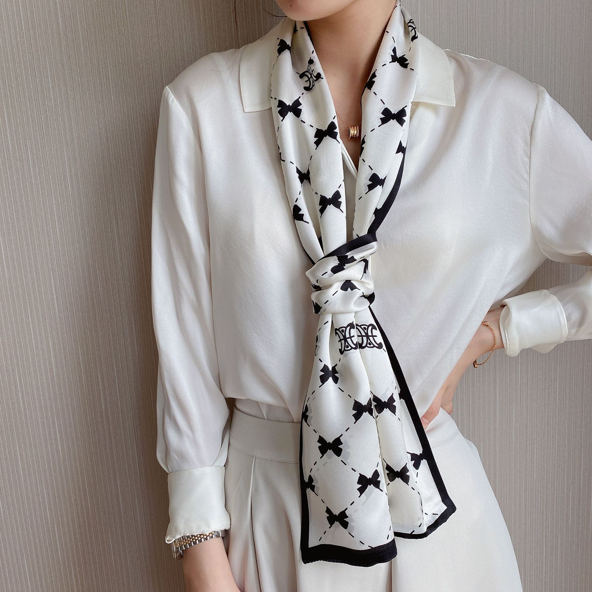 2022 New Mesh Bow Silk Scarf Ribbon Women's Fashionable Mulberry Silk Small Long Decorative Scarf