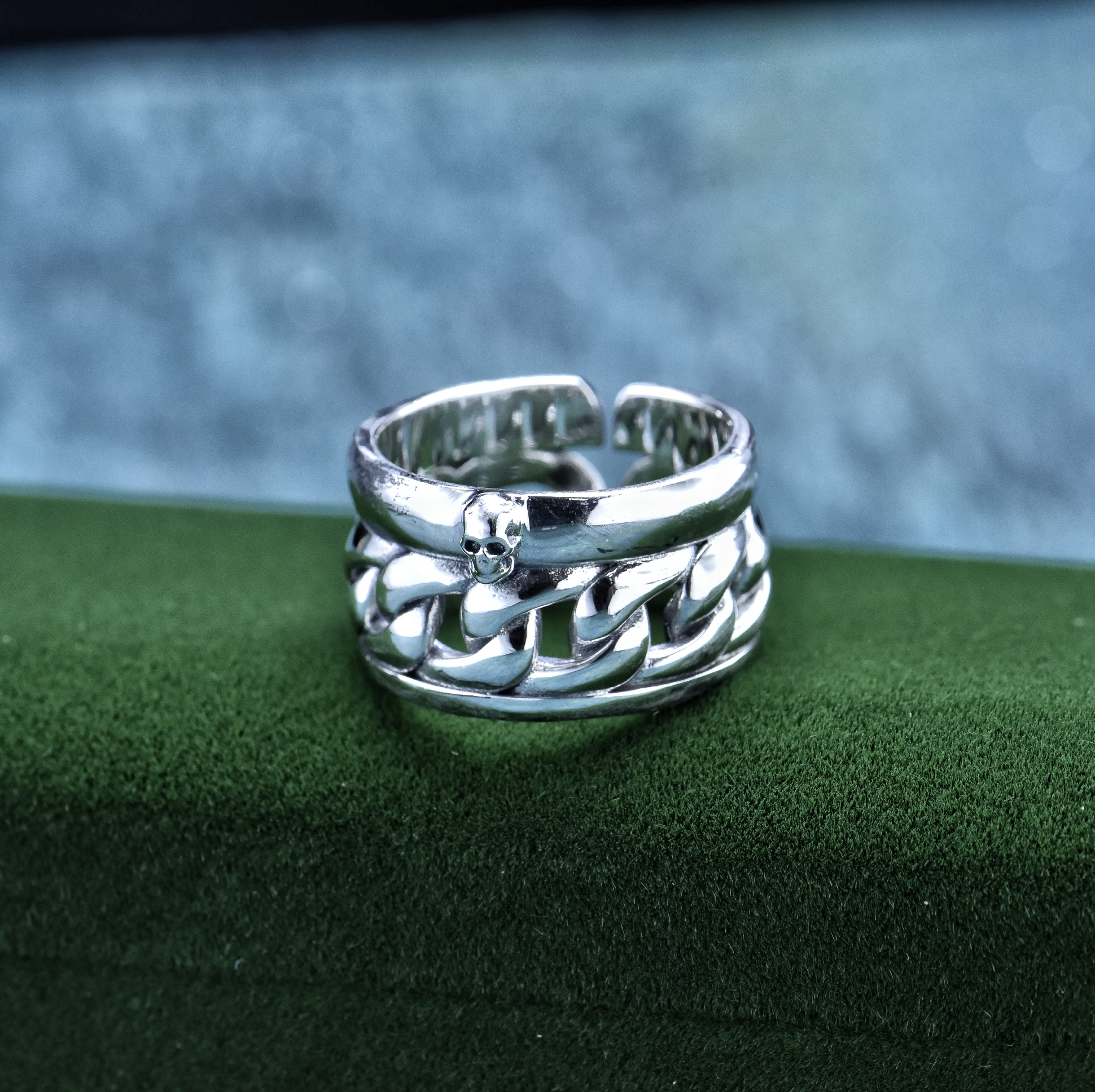 s925银古巴链戒指骷髅头男士款复古泰银嘻哈高级感食指戒指环批发