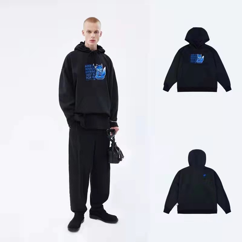 ader联名maison kitsune秋冬冥想狐狸刺绣字母连帽宽松卫衣男女款
