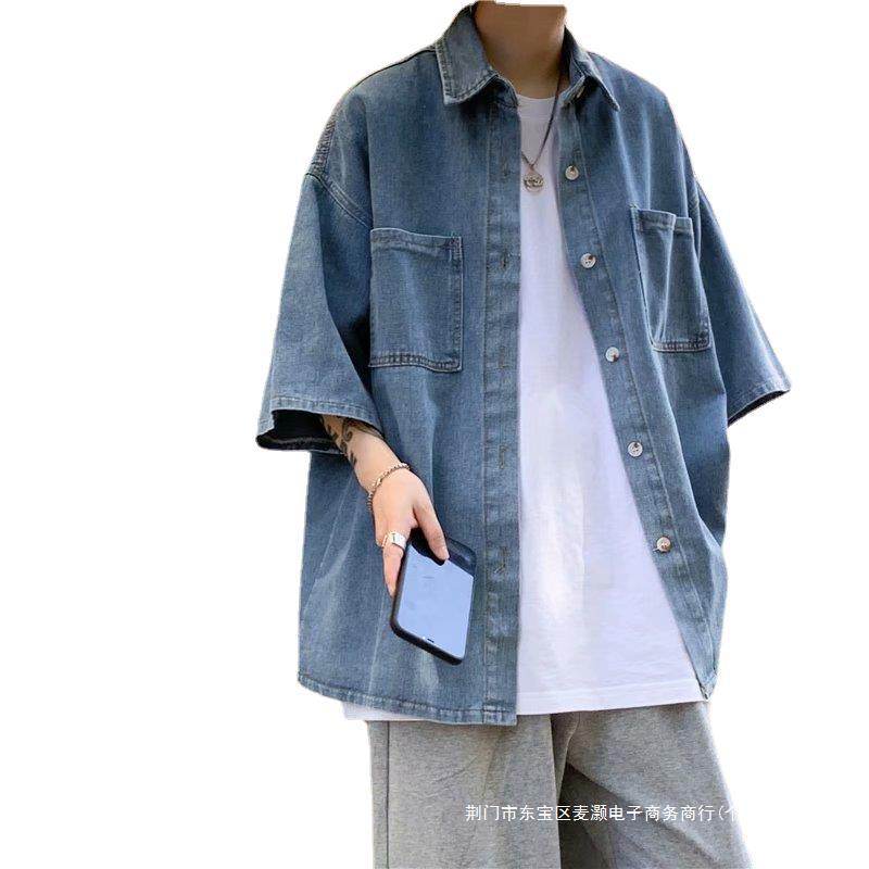 港风日系牛仔衬衫男短袖夏季穿搭痞帅衬衣夏季外套潮牌设计感小众