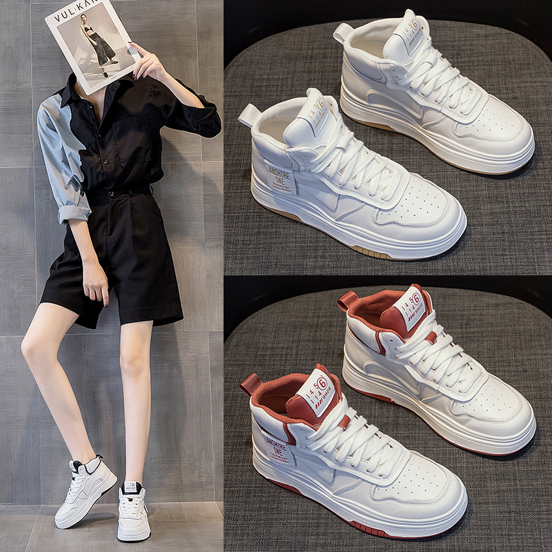 High-Top Leather White Shoes Women's Ins Trendy 2023 Autumn New Popular Spring and Autumn Korean Style Versatile Platform Sneakers
