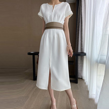 雕塑感白茶裙夏气质女神范设计感收腰显瘦长款拉链连衣裙