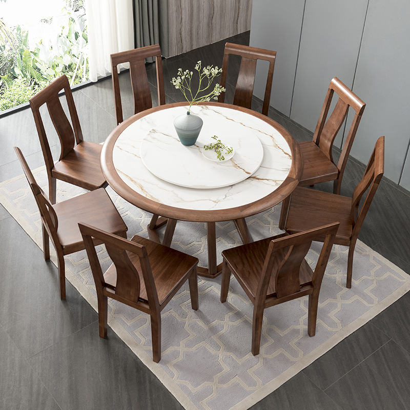 q901新款新中式岩板圆桌实木桌餐厅简约轻奢餐桌方桌跳台典雅