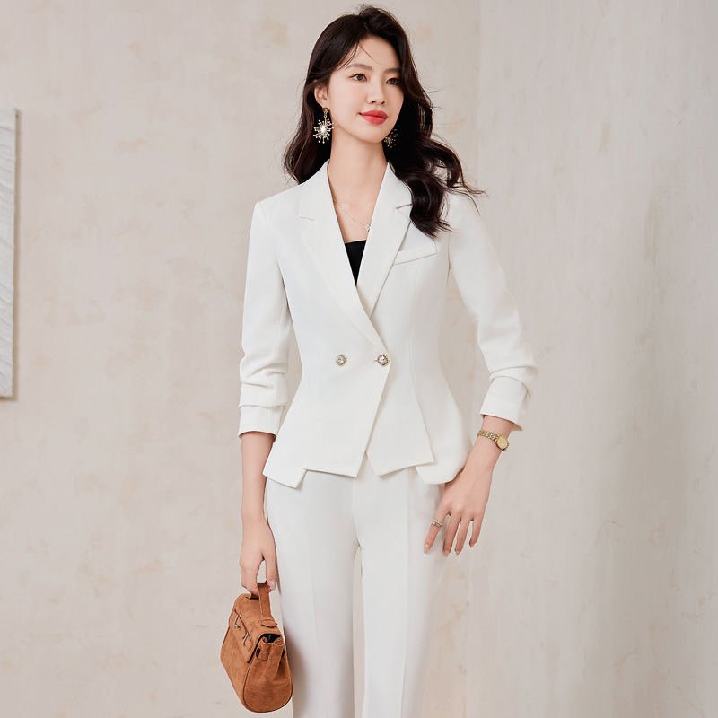 黄色职业装西装套装秋冬气质讲师主持人美容院工作服微喇裤两件套