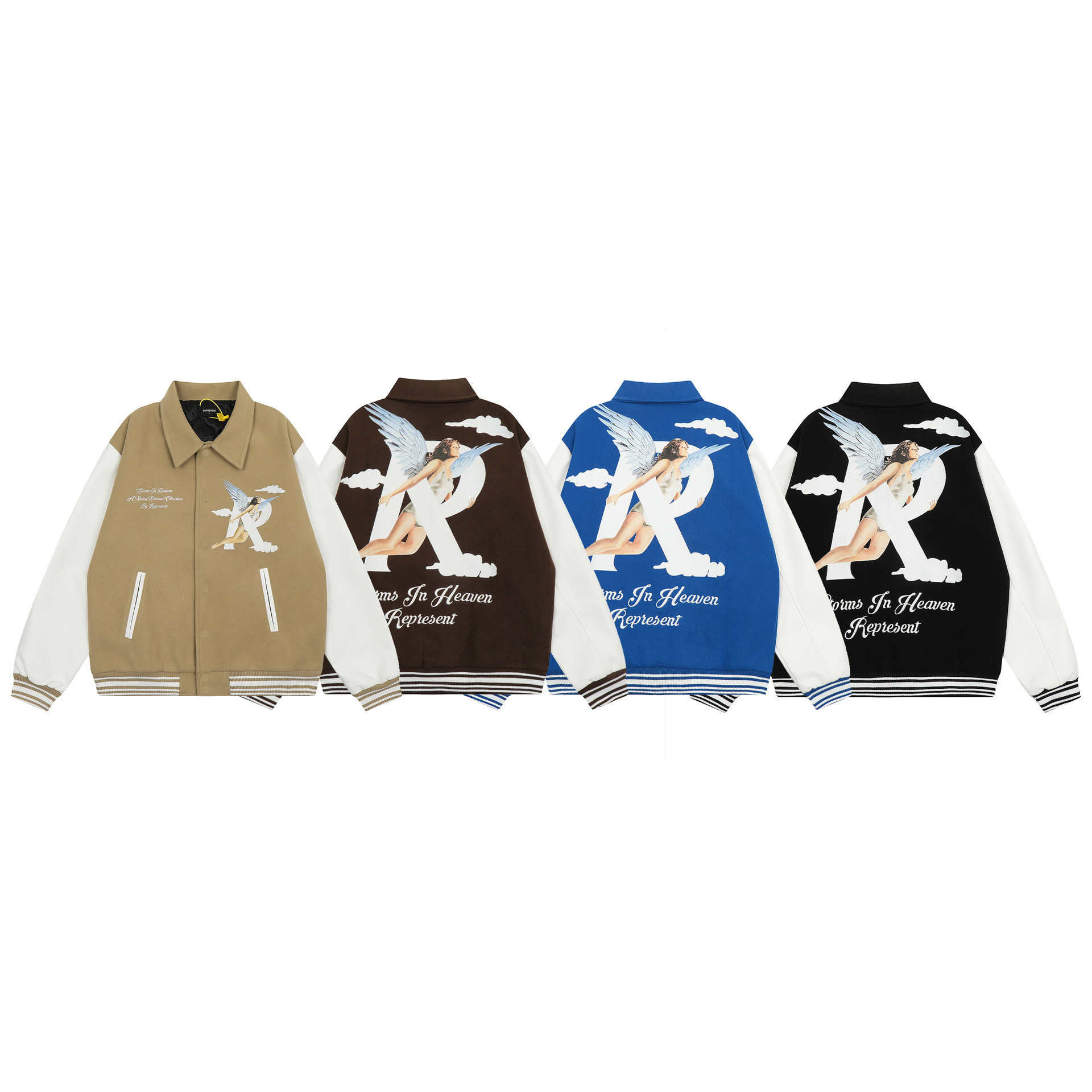 美潮跨境 represent 小标天使字母图案皮袖棒球服立领夹克外套冬