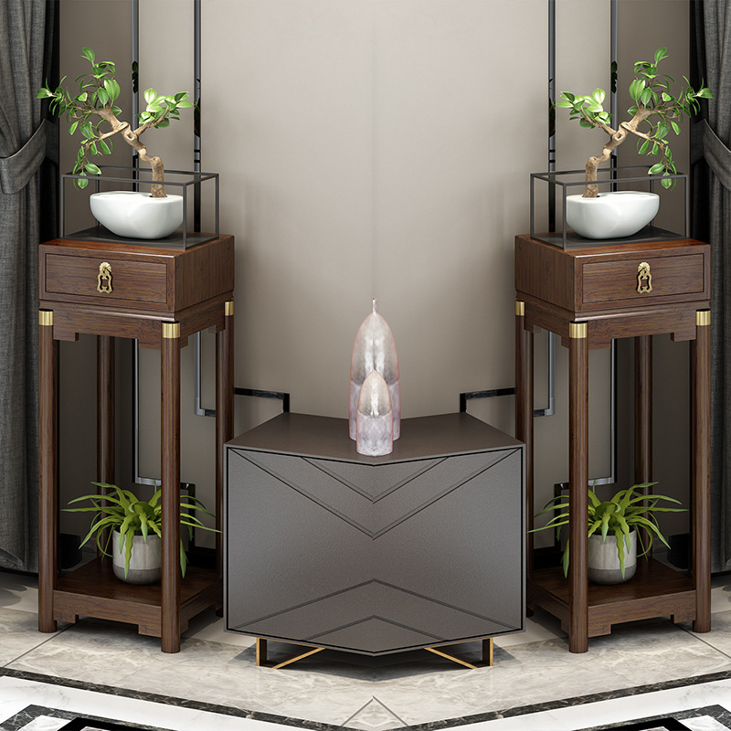 批发新中式落地花架电视柜盆景带抽置物架客厅摆件展示柜沙发边花