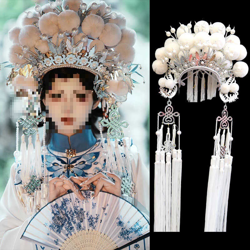 汉服影楼主题拍摄小花旦绒球凤冠七星京剧戏曲头饰中国风凤冠国潮