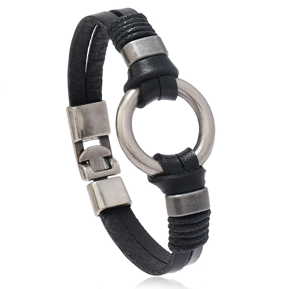 Punk Bracelet Rock Bracelet Men and Women Retro Cattle Leather Bracelet Leather Bracelet European and American Leather Bracelet Circle a Pair of Buckles Bracelet