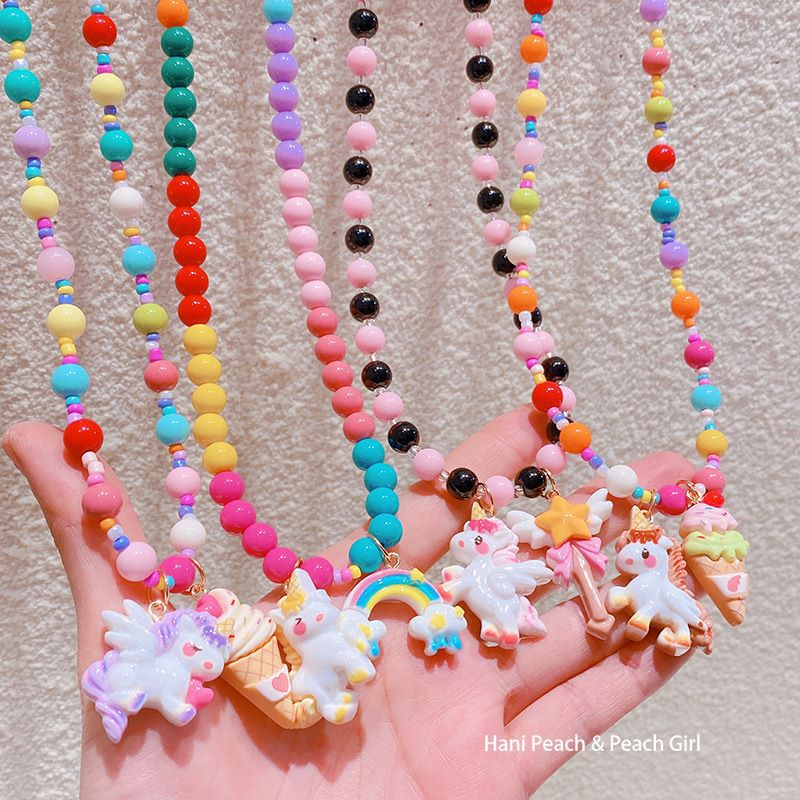 Hd2122a05 Sweet Cool Korean Style Series Rainbow Beaded Unicorn Children's Necklace Niche Creative Clavicle Chain Necklace Female