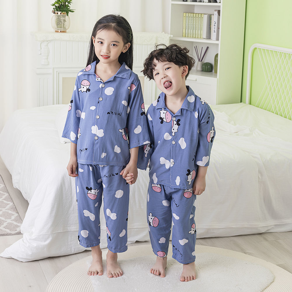 儿童睡衣套装夏季薄款棉绸男女童宝宝夏天家居服柔软中小童空调服