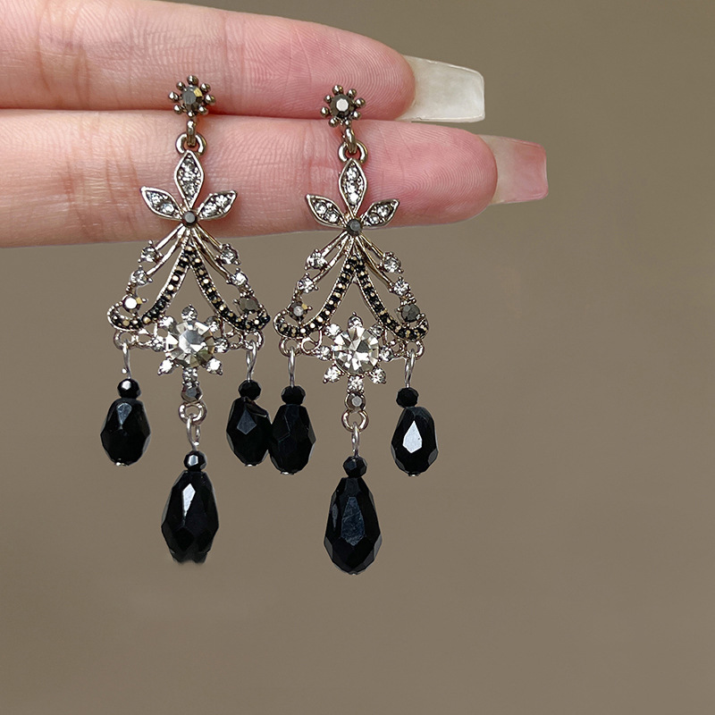 Silver Needle New Chinese Style Black Bamboo Flower Pearl Tassel Earrings Elegant All-Match Earrings High-Grade Earrings for Women